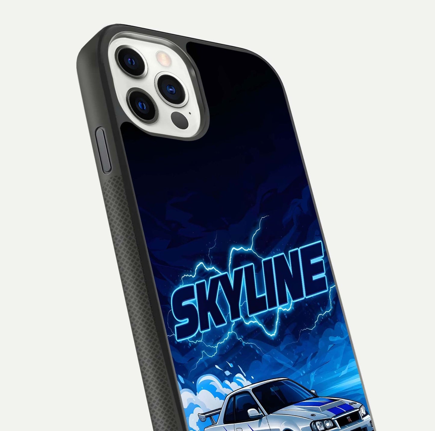 Neon Drift Beast Glass Case for iPhone 11 Pro front & back layout showing car silhouette and edge design