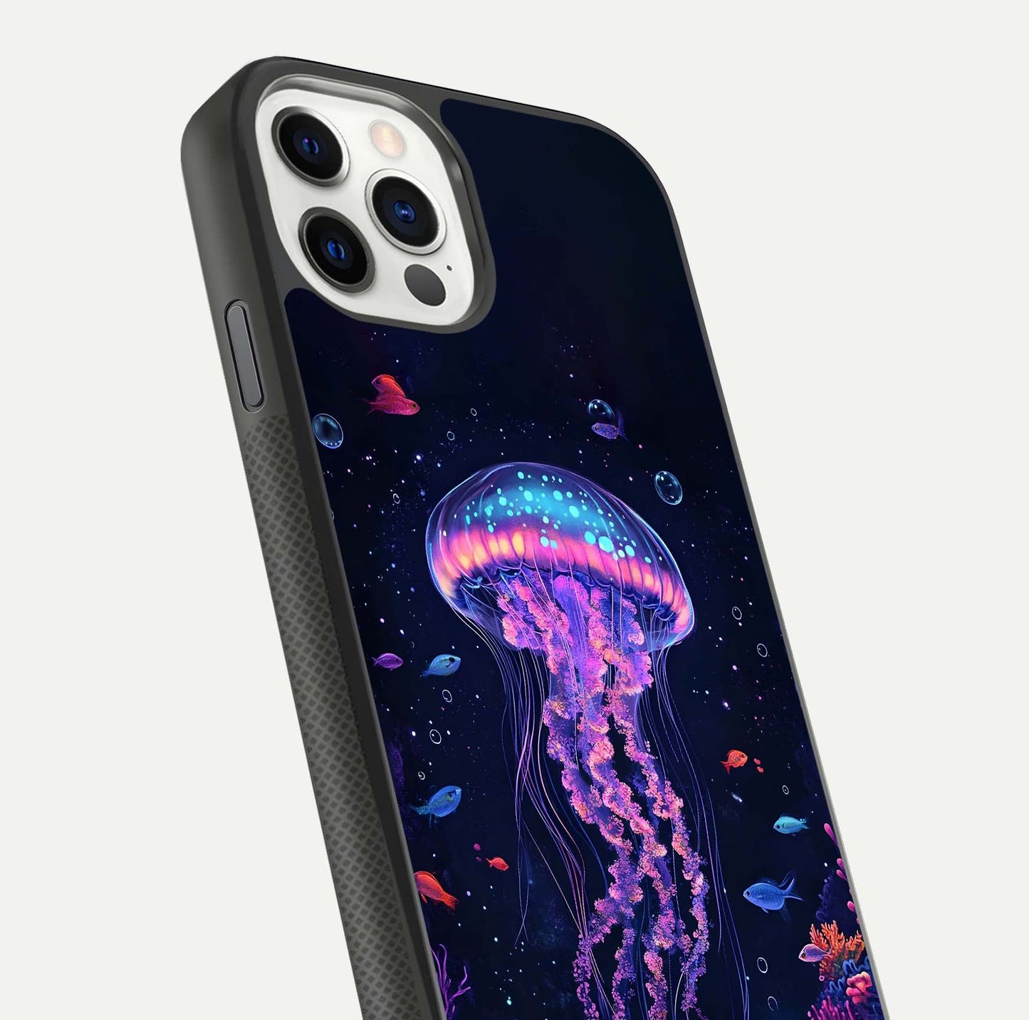 Neon Jellyfish Glass Case for iPhone 11 Pro front & back layout highlighting HD marine art and curved edges