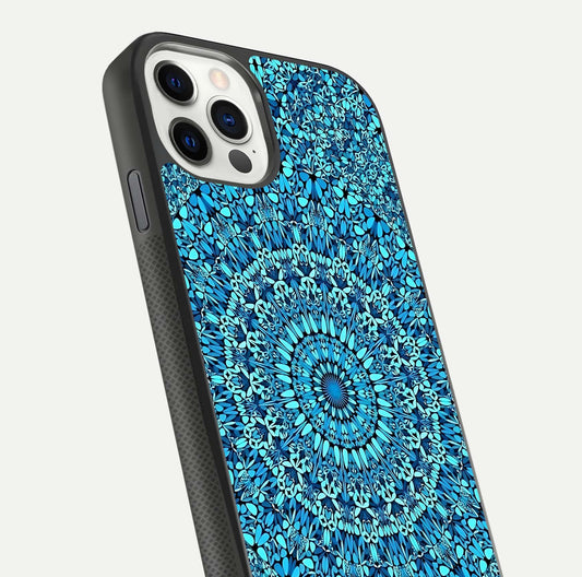 Ocean Bloom Mandala Glass Case for iPhone 11 Pro front & back layout showing ocean tone design and edges