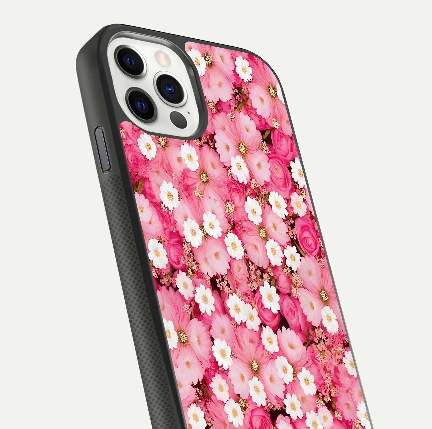 Pink Daisy Bliss Glass Case for iPhone 11 Pro front & back layout showing HD floral tones and edge finish