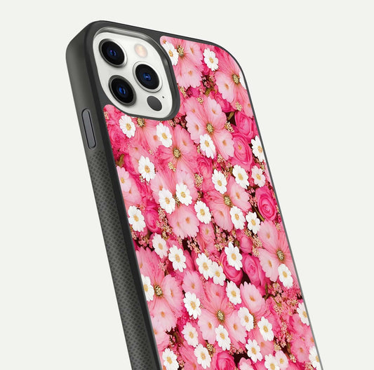 Pink Daisy Bliss Glass Case for iPhone 11 Pro front & back layout showing HD floral tones and edge finish