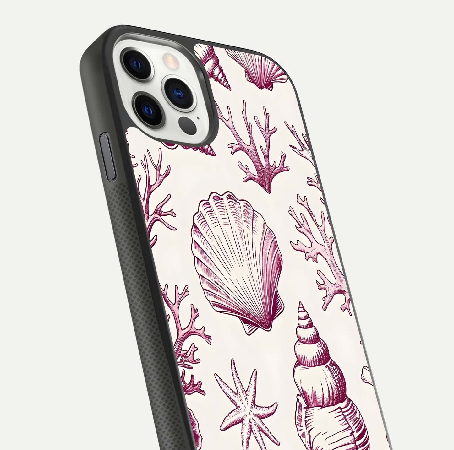 Pink Shells Outline Glass Case for iPhone 11 Pro front & back layout showing soft pastel tones and edge design