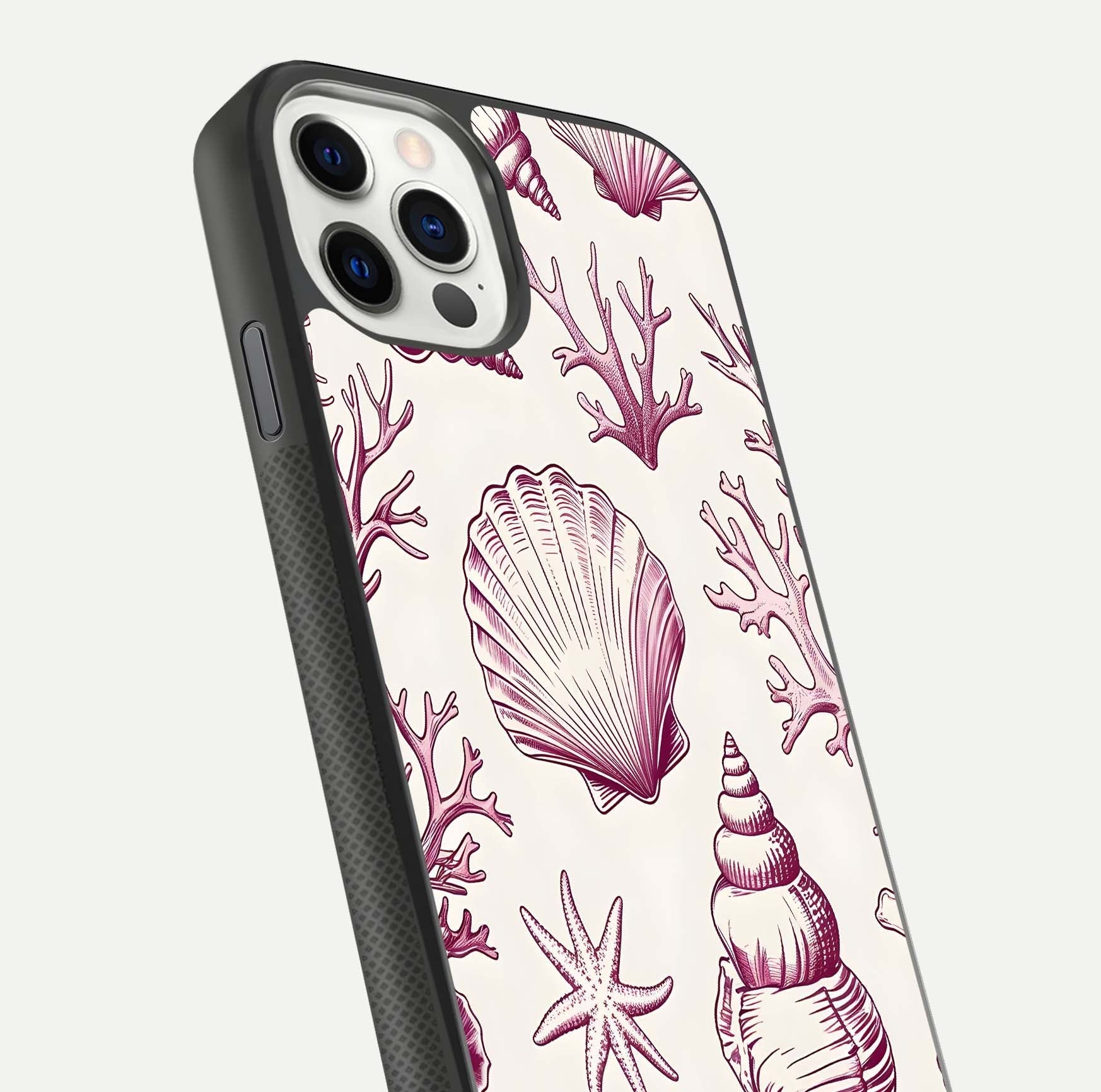Pink Shells Outline Glass Case for iPhone 11 Pro front & back layout showing soft pastel tones and edge design