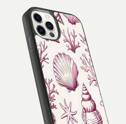 Pink Shells Outline Glass Case for iPhone 11 Pro front & back layout showing soft pastel tones and edge design