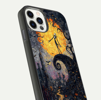 Pumpkin Moon Night Glass Case for iPhone 11 Pro front & back layout highlighting festive tones and smooth edges