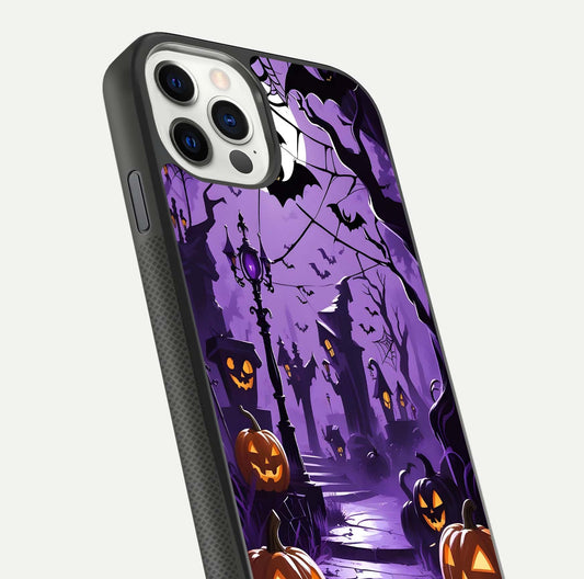 Pumpkin Patch Halloween Glass Case for iPhone 11 Pro front & back layout showing festive Halloween print