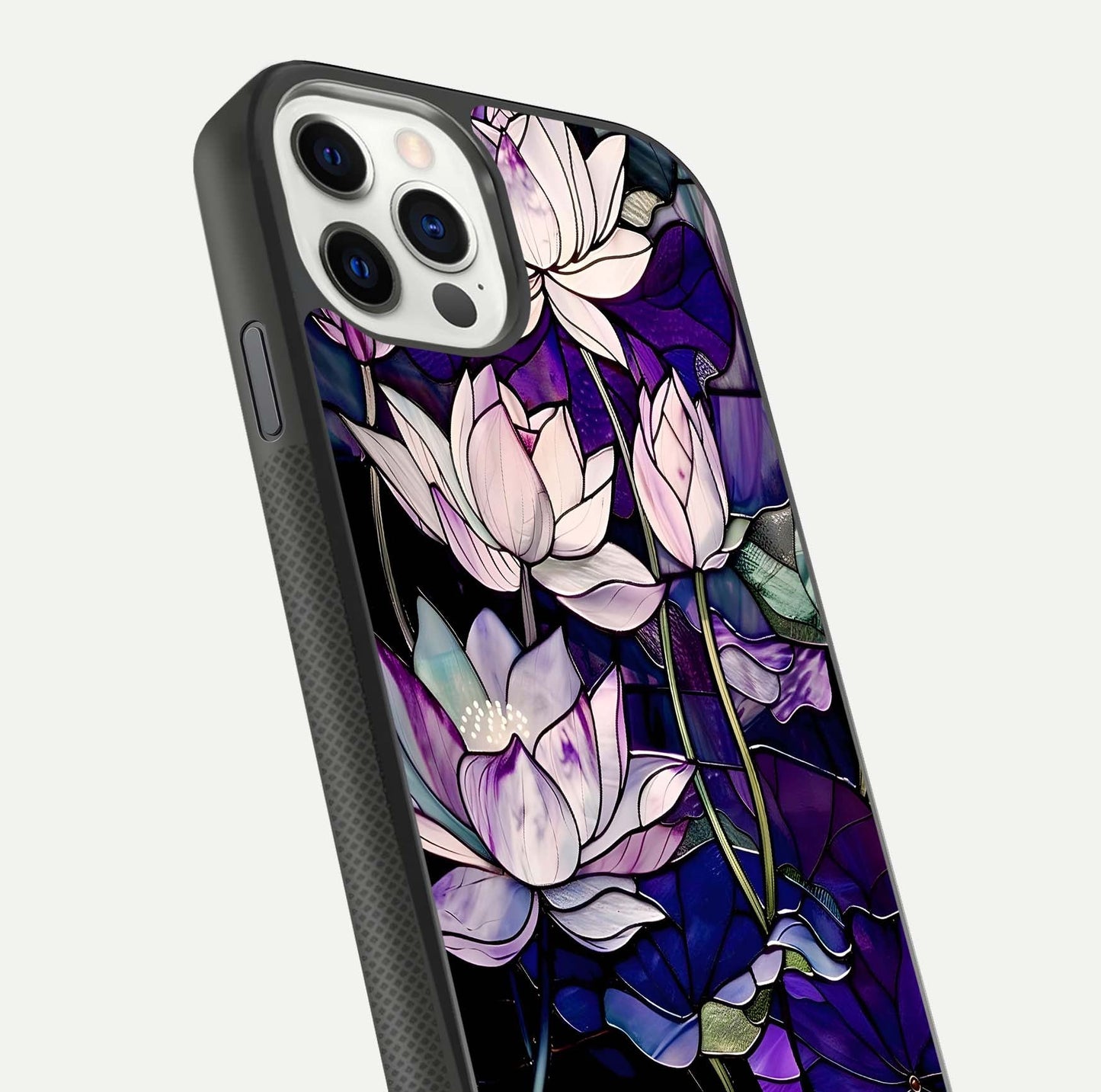 Purple Lotus Pattern Glass Case for iPhone 11 Pro front & back layout highlighting floral tones and soft edges