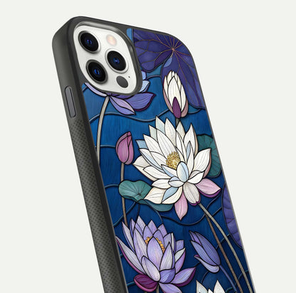 Purple Lotus Stained Glass Case for iPhone 11 Pro front & back layout showing bright tones and smooth edge finish