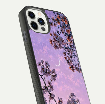 Purple Serenity Moon Glass Case for iPhone 11 Pro front & back layout highlighting celestial tones and curves