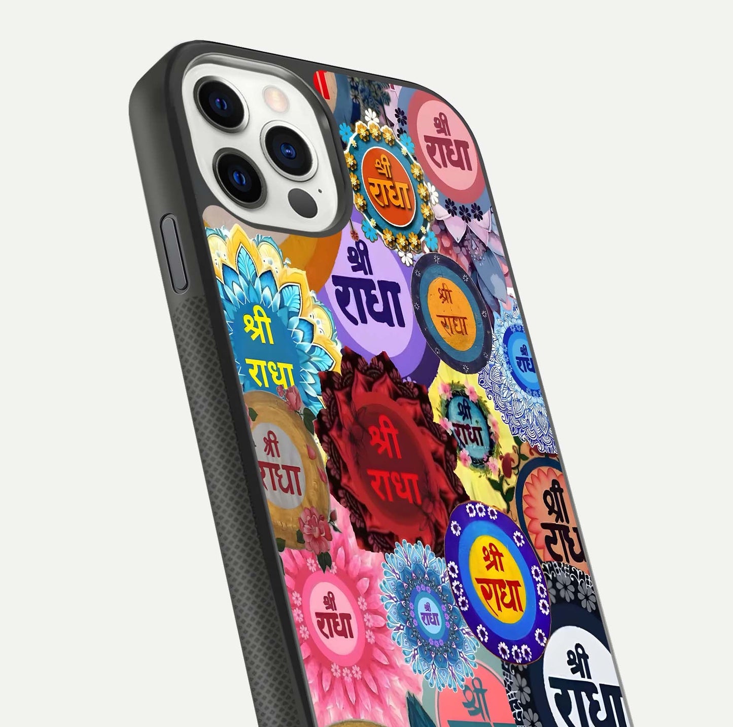 Radha Divine Bloom Glass Case for iPhone 11 Pro front & back layout showing spiritual tones and elegant edges