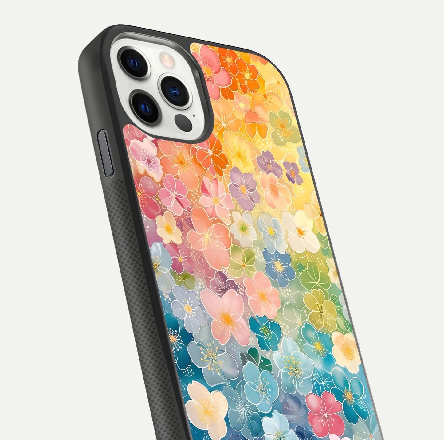 Rainbow Blossom Burst Glass Case for iPhone 11 Pro front & back layout showing bright tones and edge finish