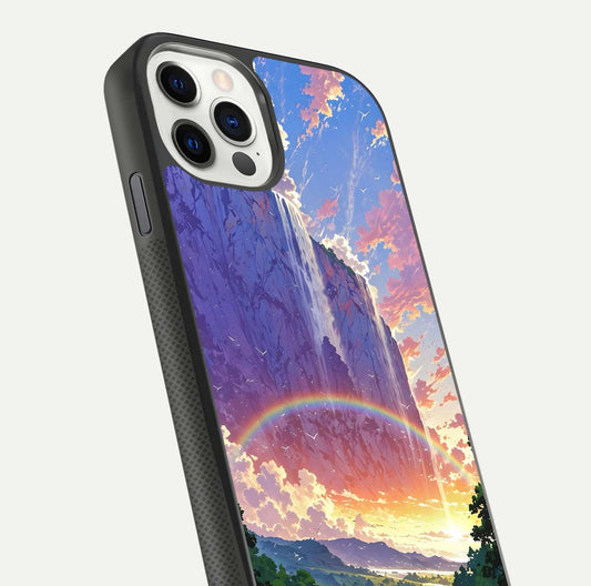Rainbow Valley Dream Glass Case for iPhone 16 Pro close-up angled shot highlighting gradient tones and HD shine