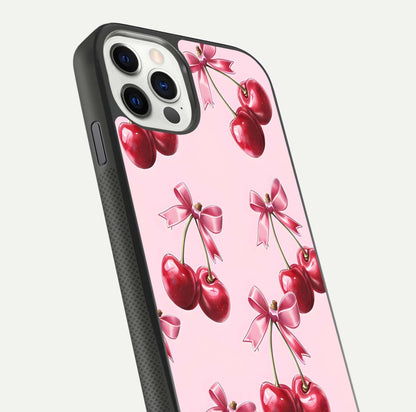Red Cherries Pattern Glass Case for iPhone 11 Pro front & back layout highlighting vibrant fruit print and edges