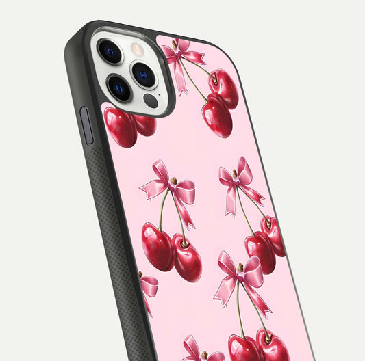 Red Cherries Pattern Glass Case for iPhone 11 Pro front & back layout highlighting vibrant fruit print and edges