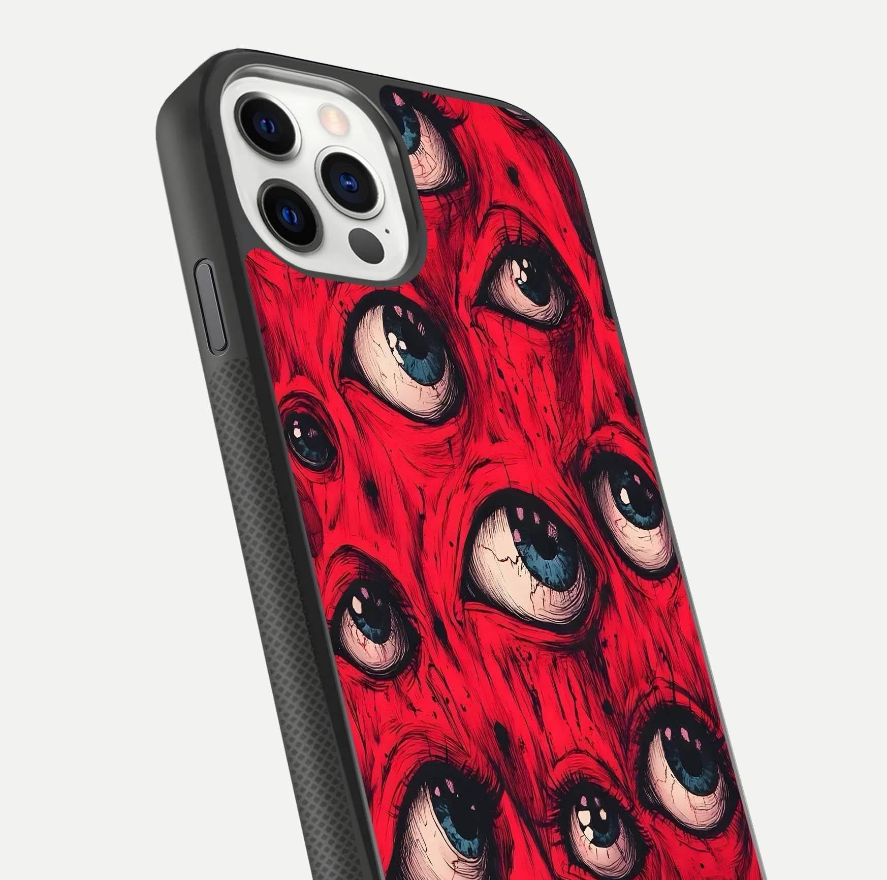 Red Eyes Pattern Glass Case for iPhone 11 Pro front & back layout showing sharp edge finish and design depth