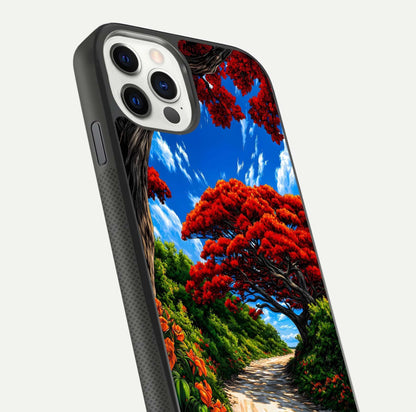 Red Trees Pathway Glass Case for iPhone 11 Pro front & back layout showing scenic tone blend and edges