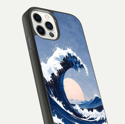 Rising Tide Power Glass Case for iPhone 11 Pro front & back layout showing ocean design and smooth glass edge