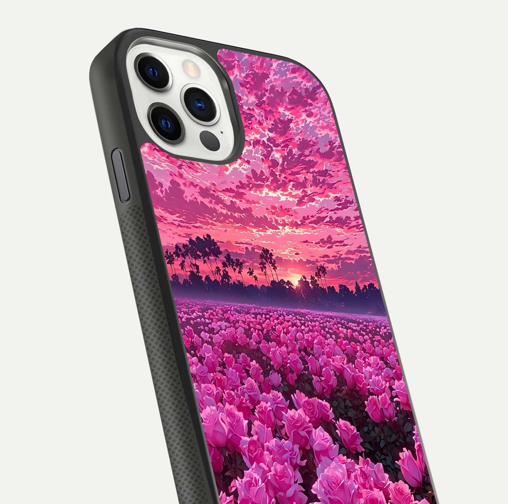 Rose Sunset Valley Glass Case for iPhone 11 Pro front & back layout highlighting gradient tones and glass shine
