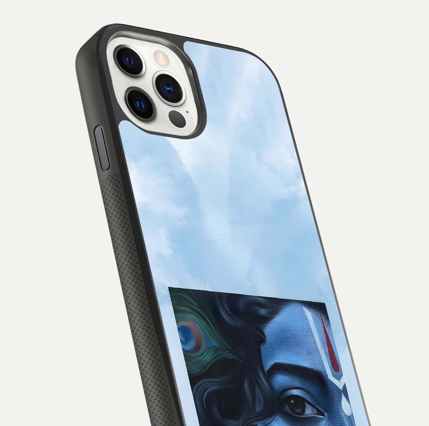 Spiritual Krishna Glass Case for iPhone 16 Pro close-up angled shot showing HD print, color tone, and reflection