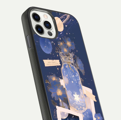 Starlit Cosmic Jar Glass Case for iPhone 11 Pro front & back layout showing cosmic pattern and curved glass edge