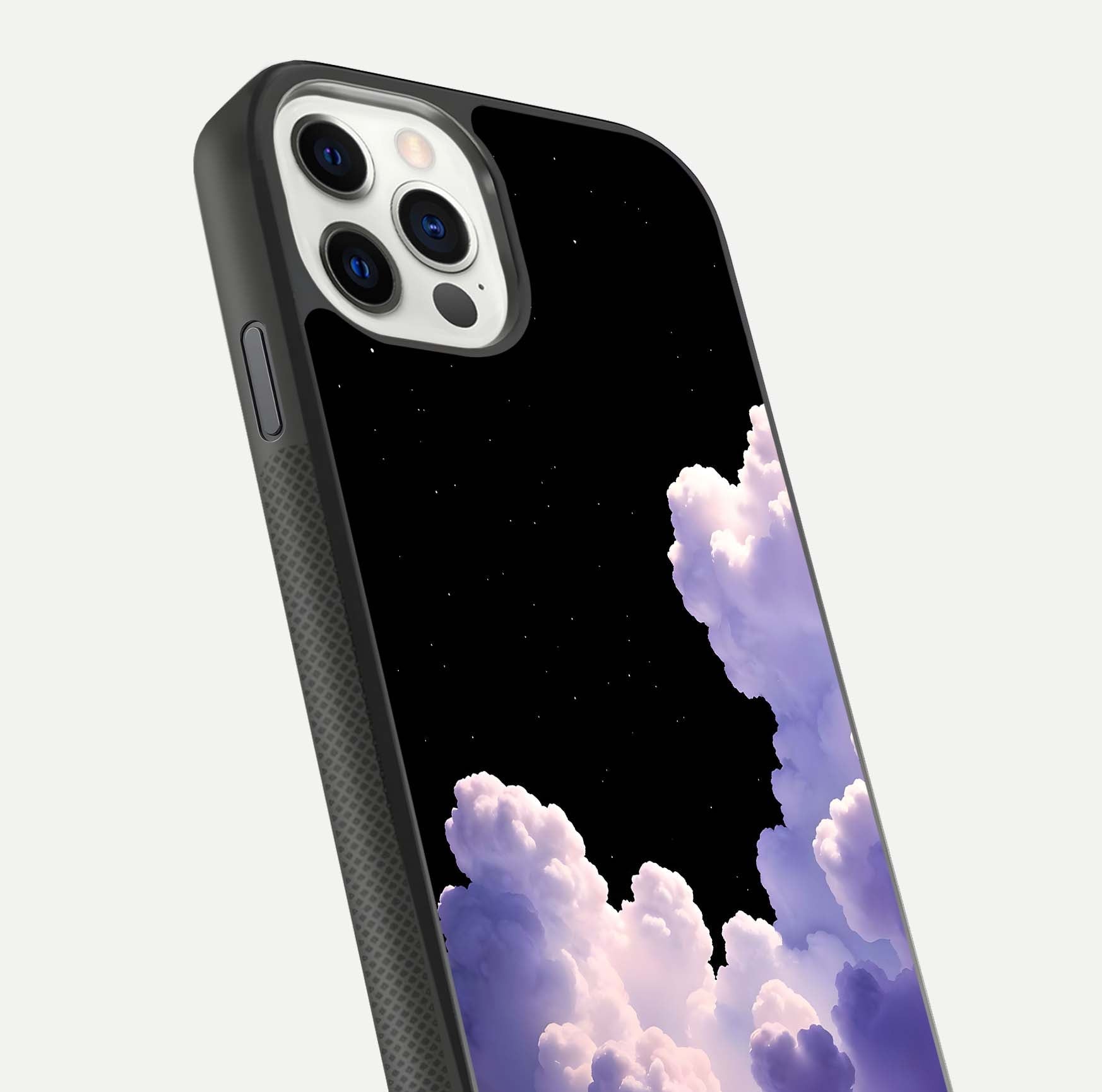 Starlit Night Whispers Glass Case for iPhone 11 Pro front & back layout showing moon tones and curved edges