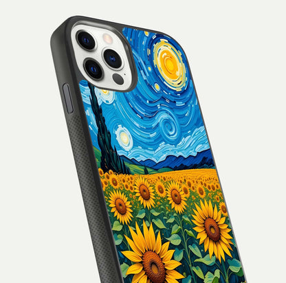 Starry Sunflower Dreams Glass Case for iPhone 11 Pro front & back layout showing floral blend and edge detail