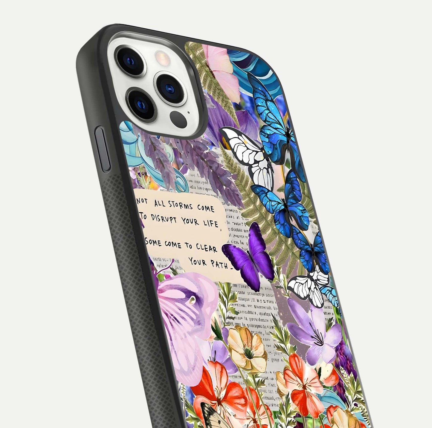 Storm Path Bloom Glass Case for iPhone 11 Pro front & back layout showing moody floral blend and edges