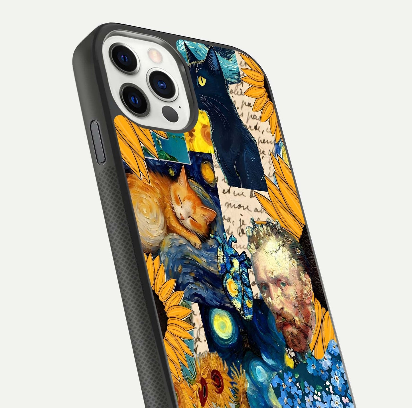Sunflower Cat Art Glass Case for iPhone 11 Pro front & back layout showing detailed floral cat design and edges