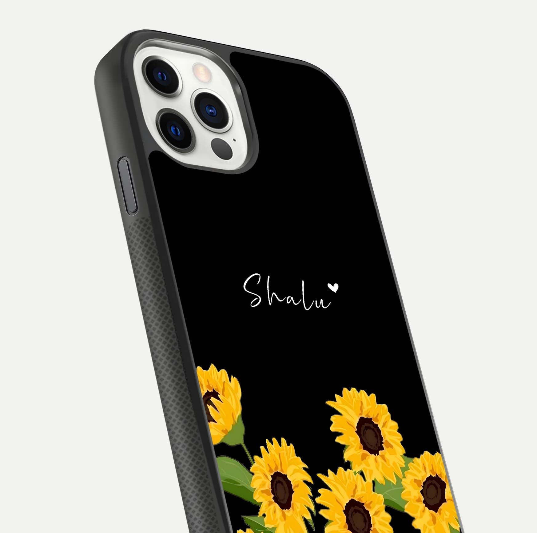 Sunflower Chic Mood Custom Name Glass Case for iPhone 16 Pro close-up angled shot showing HD sunflower pattern