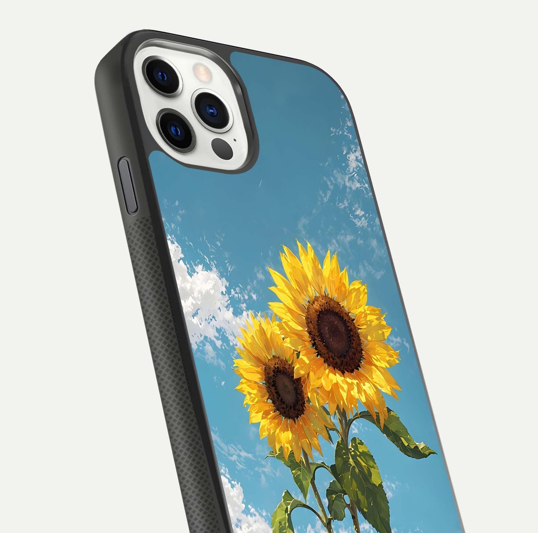 Sunflower Sky Bloom Glass Case for iPhone 11 Pro front & back layout showing soft blue tones and flower contrast