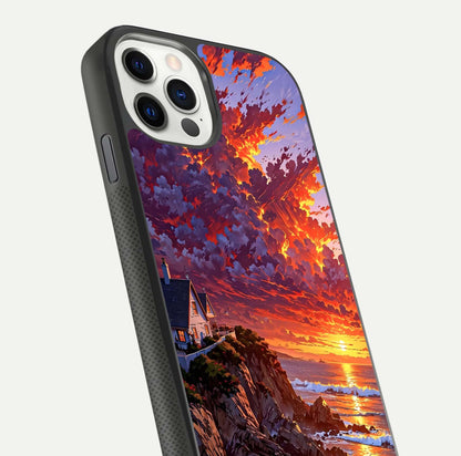 Sunset House by Sea Glass Case for iPhone 11 Pro front & back layout showing scenic gradient and curved edge