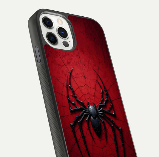 Venom Web Emblem Glass Case for iPhone 11 Pro front & back layout showing contrast art and curved glass edges