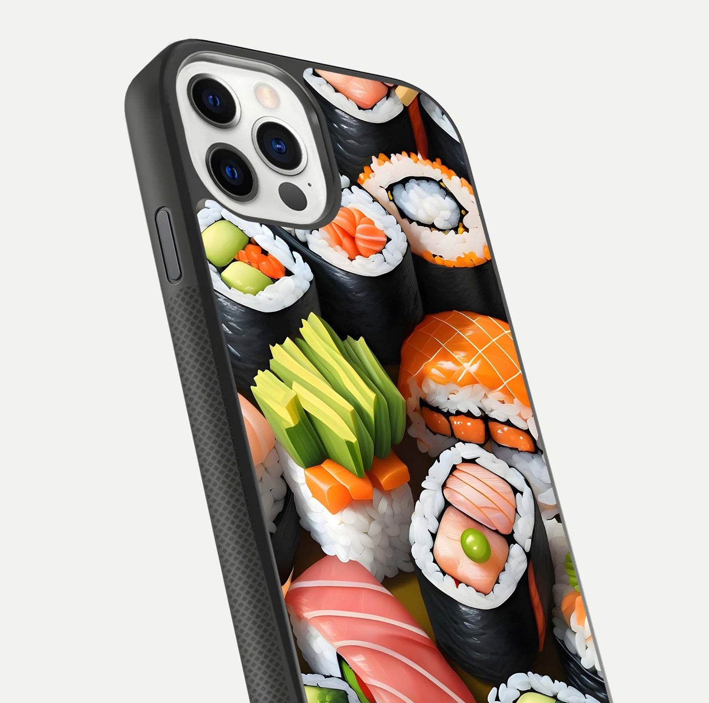 Sushi Food Pattern Glass Case for iPhone 11 Pro front & back layout showing playful food theme and clear edges