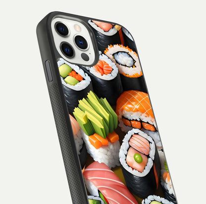 Sushi Food Pattern Glass Case for iPhone 11 Pro front & back layout showing playful food theme and clear edges