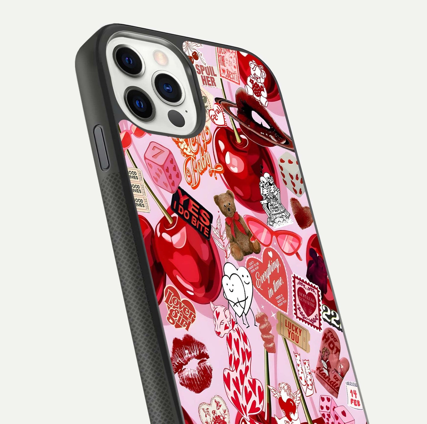 Sweet Cherry Chaos Glass Case for iPhone 11 Pro front & back layout showing vibrant cherries and smooth edges