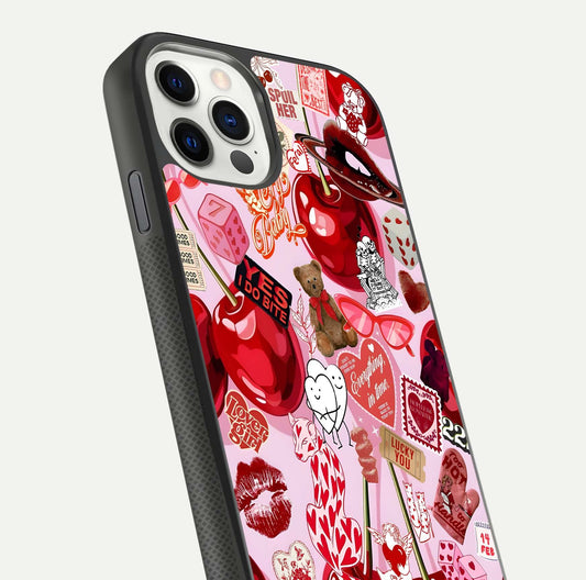 Sweet Cherry Chaos Glass Case for iPhone 11 Pro front & back layout showing vibrant cherries and smooth edges