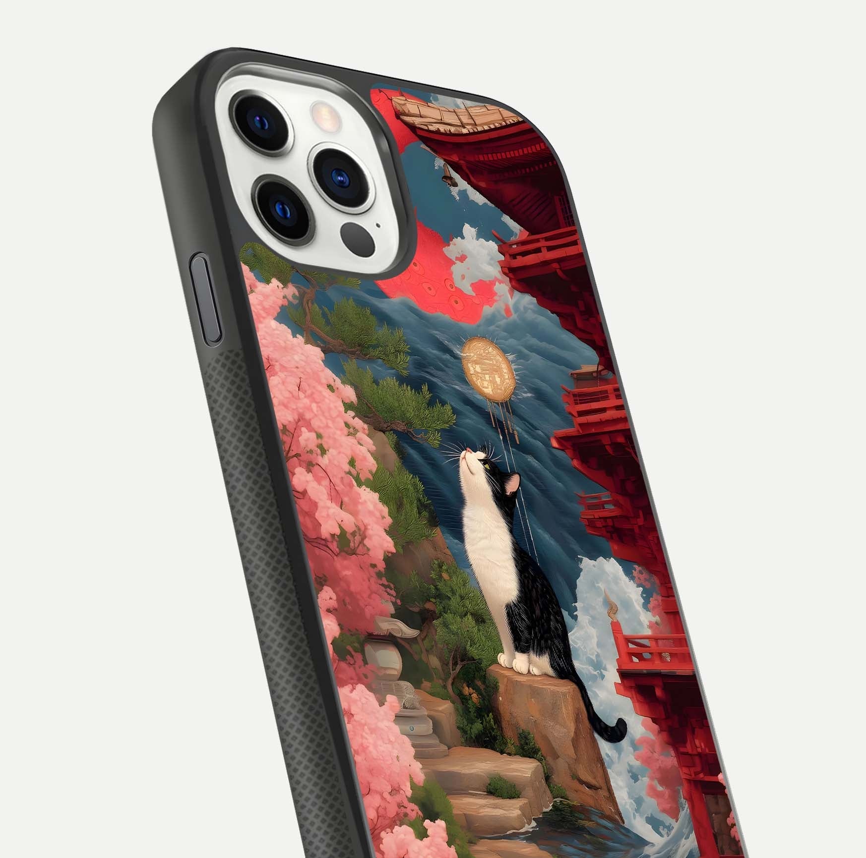 Temple Cat Scenery Glass Case for iPhone 11 Pro front & back layout showing scenic print and edge design