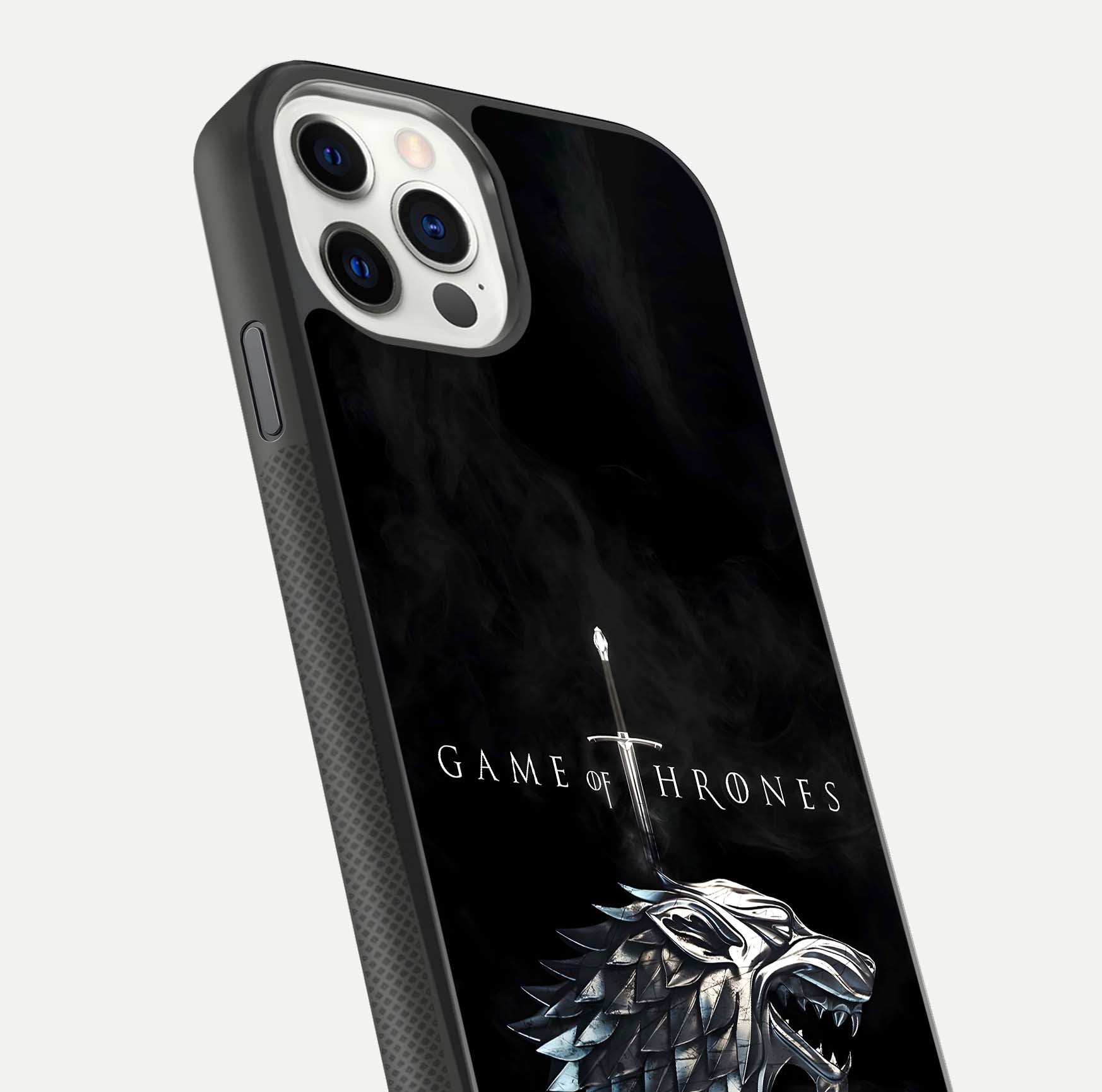 Throne Wolf Legacy Glass Case for iPhone 11 Pro front & back layout showing bold pattern and sharp edge