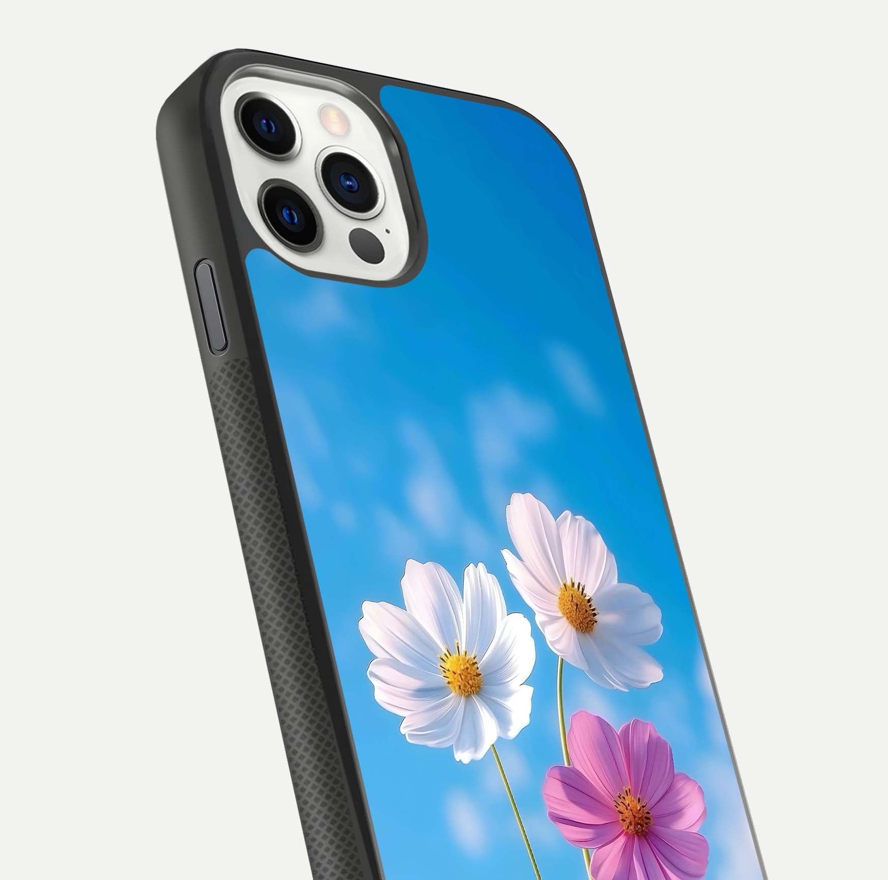 Triple Flowers With Sky Glass Case for iPhone 11 Pro front & back layout showing vivid tones and glossy surface