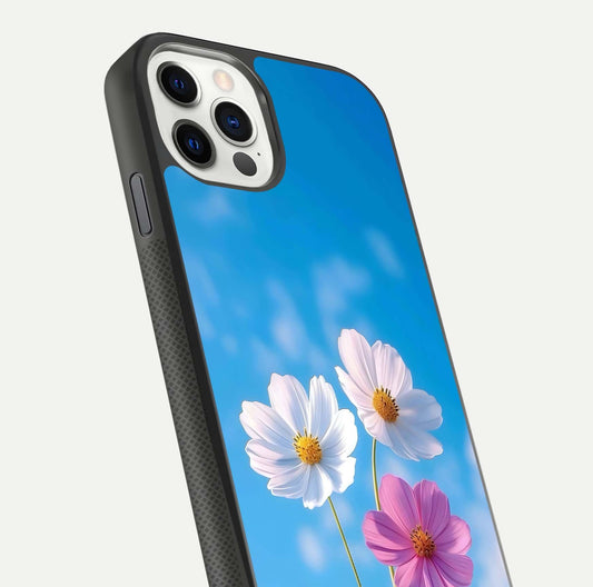 Triple Flowers With Sky Glass Case for iPhone 11 Pro front & back layout showing vivid tones and glossy surface