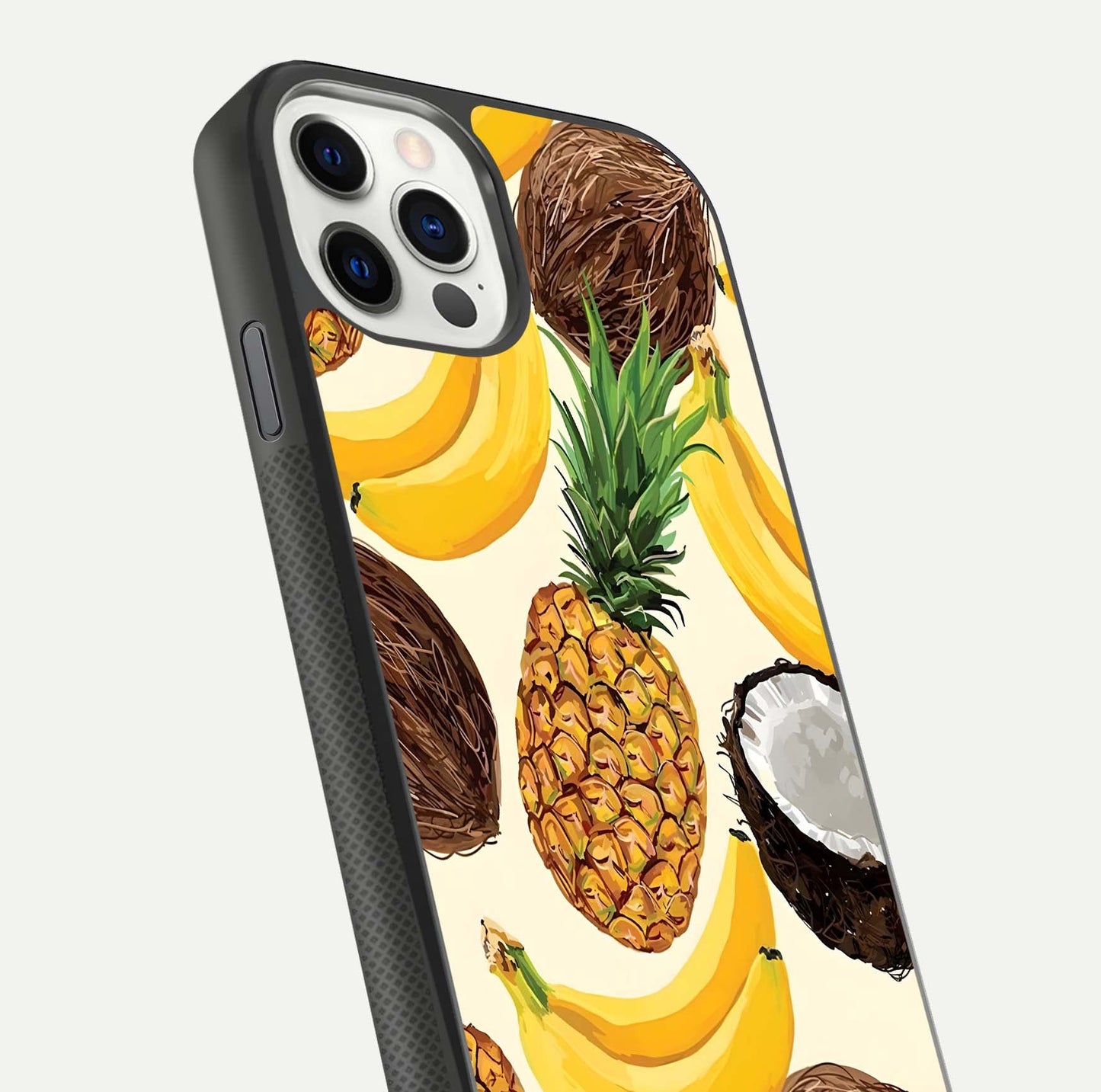 Tropical Fruit Mood Glass Case for iPhone 11 Pro front & back layout showing playful tones and clean edge