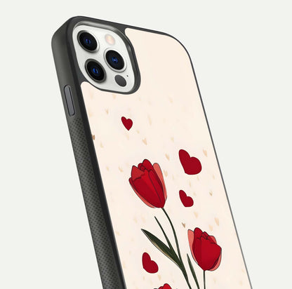 Tulip With Heart Glass Case for iPhone 11 Pro front & back layout showing heart motif and elegant gloss finish
