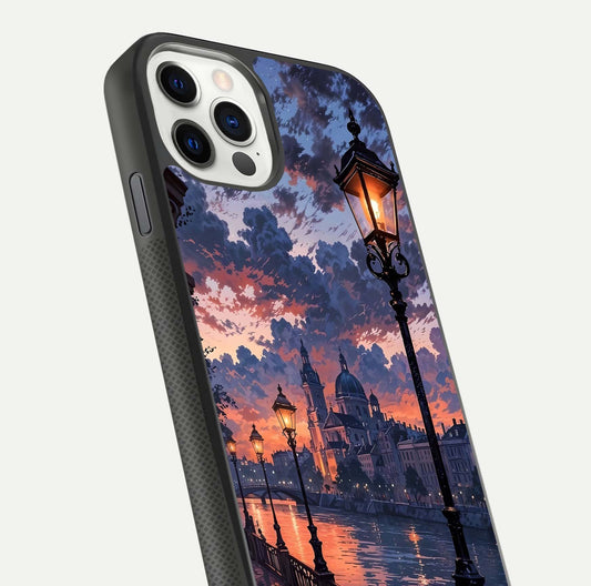 Twilight River Lights Glass Case for iPhone 11 Pro front & back layout showing scenic artwork and smooth curved edges