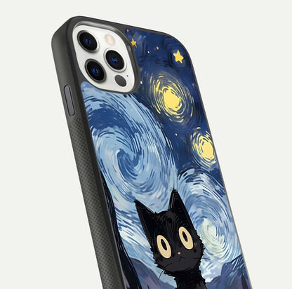 Van Gogh Cat Glass Case for iPhone 11 Pro front & back layout showing detailed art print and curved glass edges