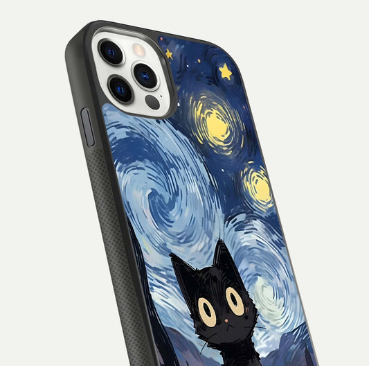 Van Gogh Cat Glass Case for iPhone 11 Pro front & back layout showing detailed art print and curved glass edges