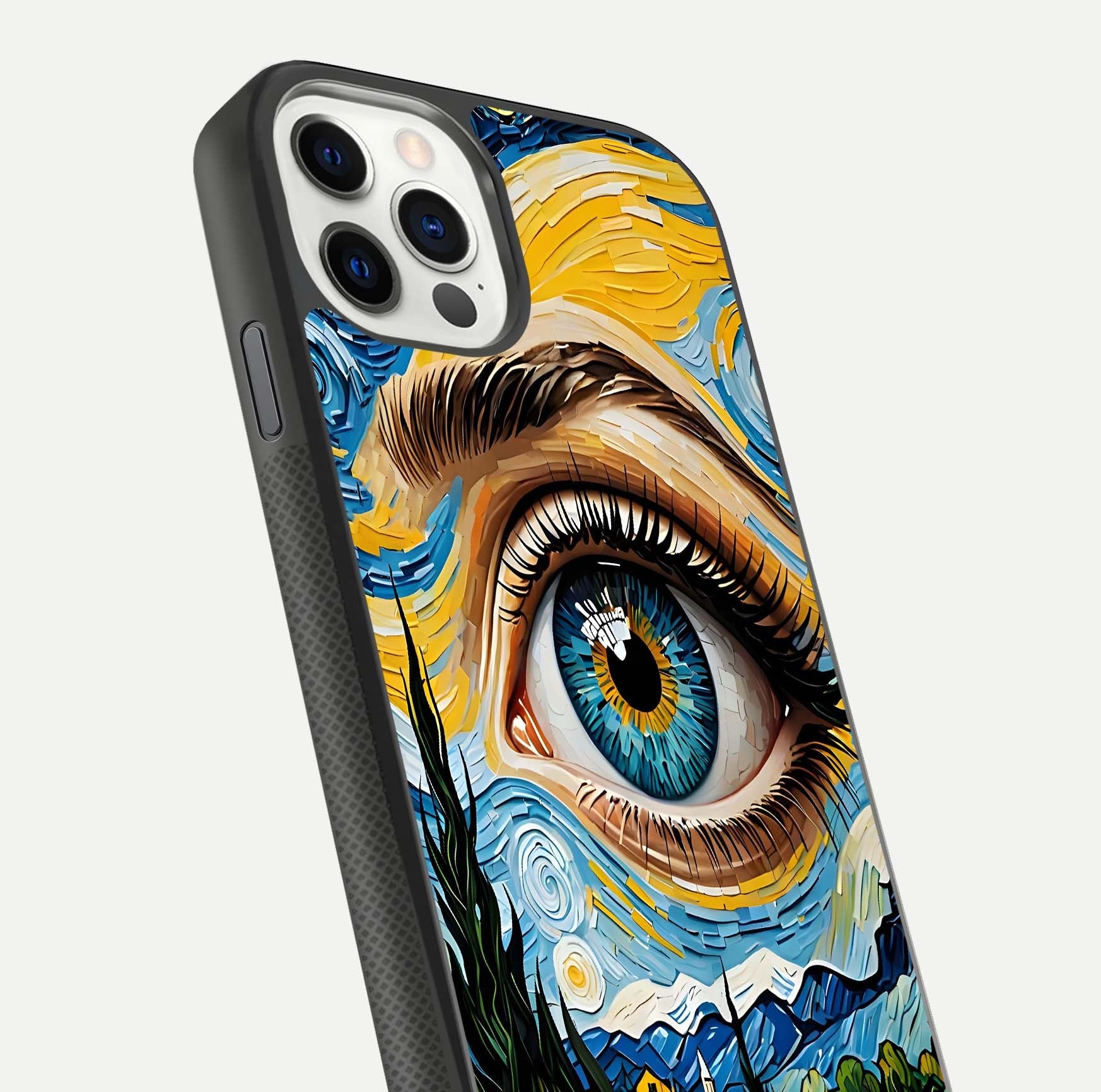 Van Gogh Eye Glass Case for iPhone 16 Pro close-up angled shot highlighting color blend and gloss reflection