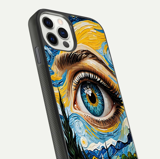 Van Gogh Eye Glass Case for iPhone 16 Pro close-up angled shot highlighting color blend and gloss reflection