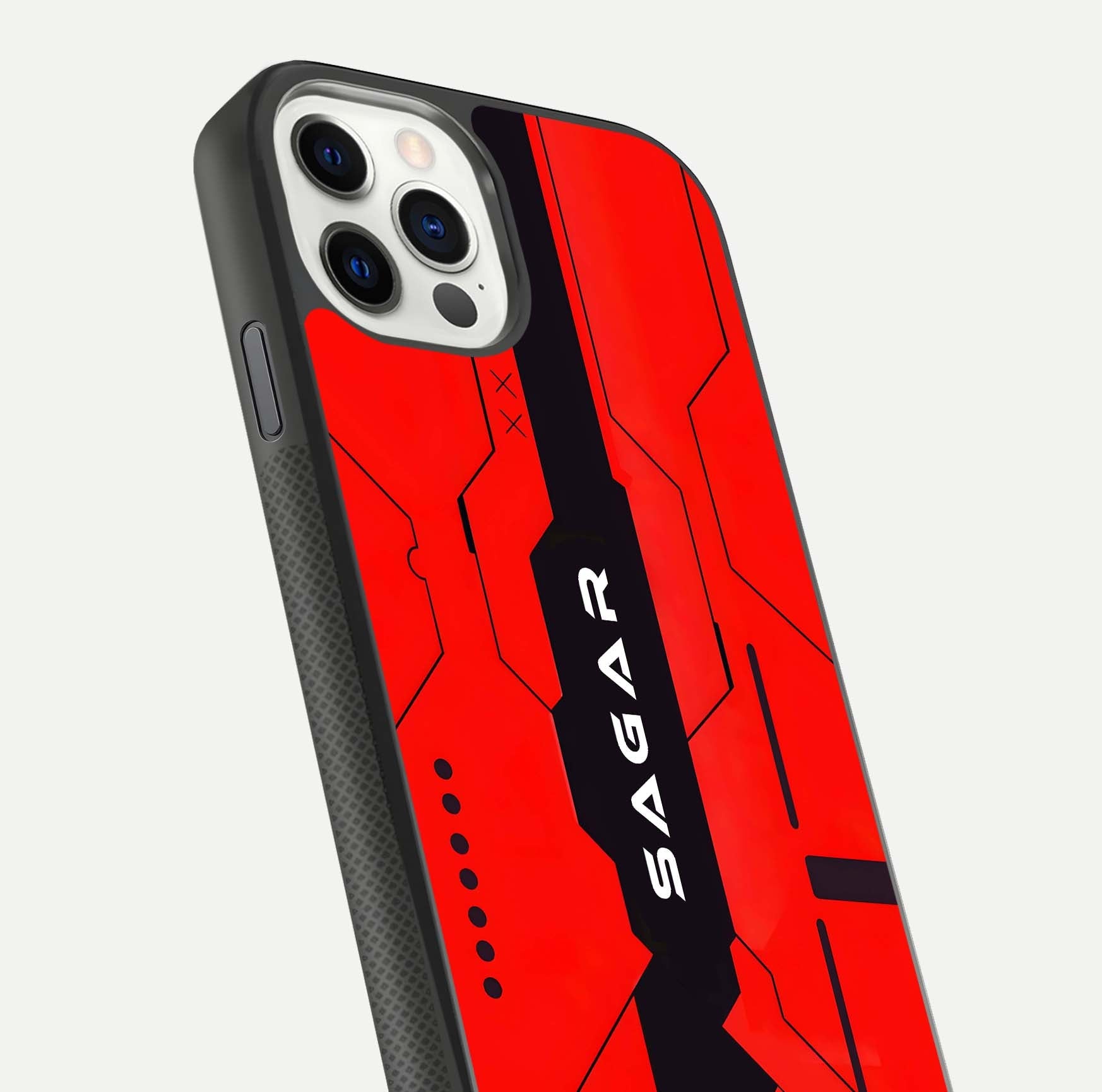 Voltage Rise CYBERPUNK Custom Name Glass Case for iPhone 11 Pro front & back layout showing futuristic tones and sleek edge