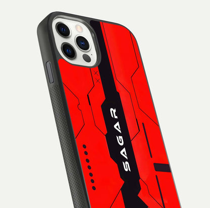Voltage Rise CYBERPUNK Custom Name Glass Case for iPhone 11 Pro front & back layout showing futuristic tones and sleek edge