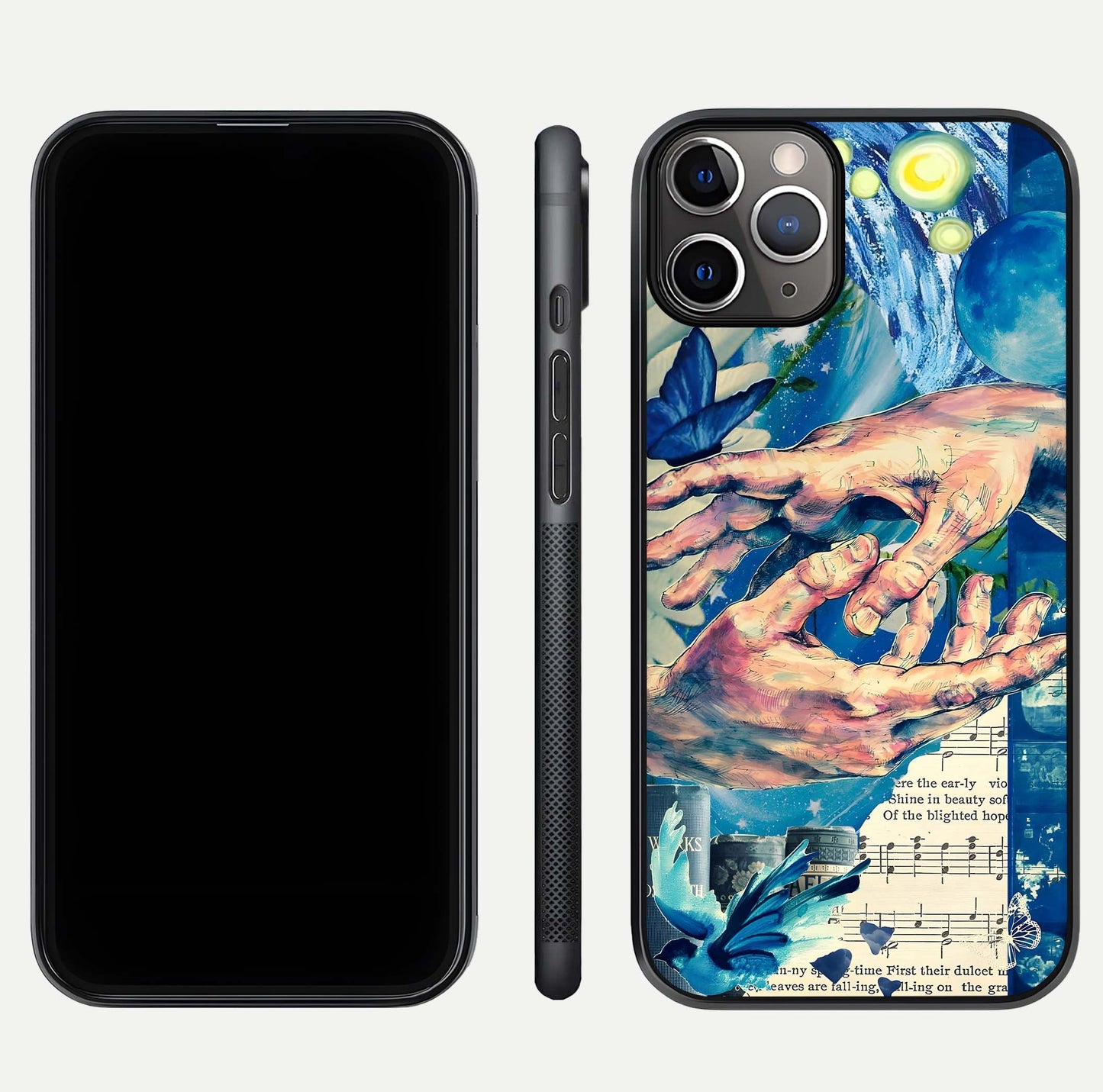 Aesthetic Divider Glass Case for iPhone 16 Pro close-up angled shot showing detailed divider artwork and gloss reflection